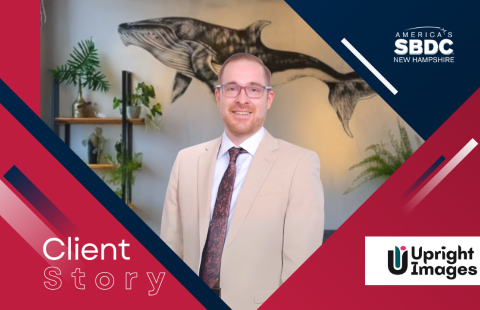Ryan Chouinard, Upright Images, client story graphic with headshot and a whale painting on the wall behind him made by his company