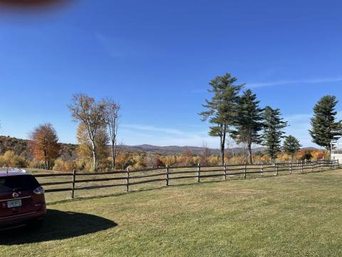 photo of the Bennett Freedom Farm, grass, fence, trees in the distance